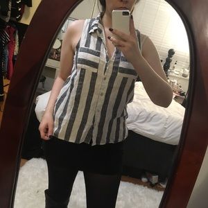 Linen blend sleeveless striped button down top